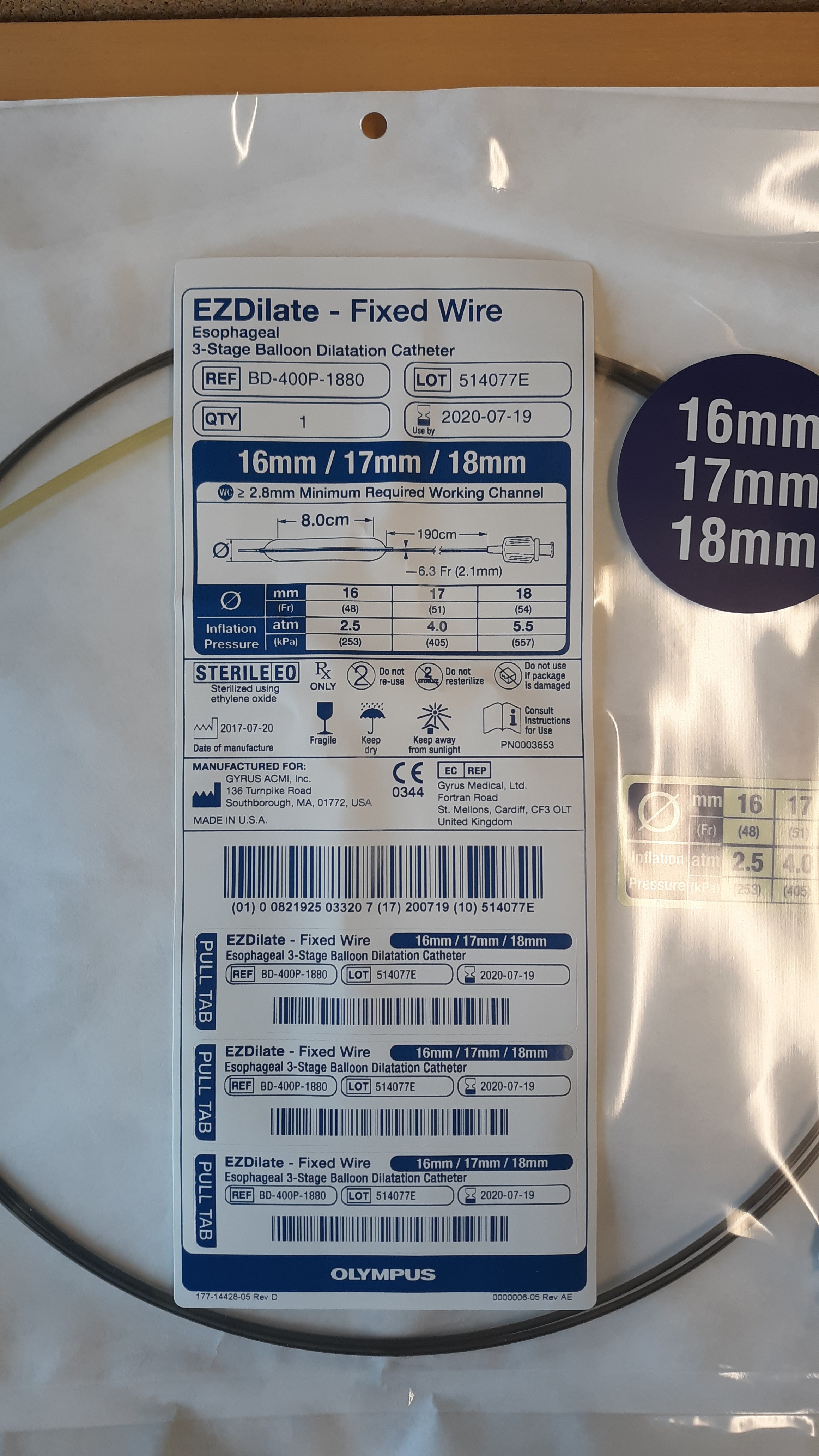OLYMPUS REF BD-400P-1880 EZDilate 3-Stage Dilation Catheter 16mm